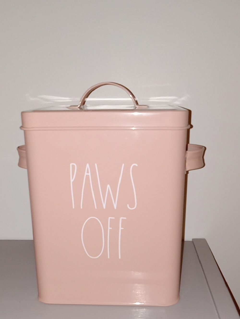Rae Dunn Pink "PAWS OFF" Pet Food/  Treat Tin NWOTS